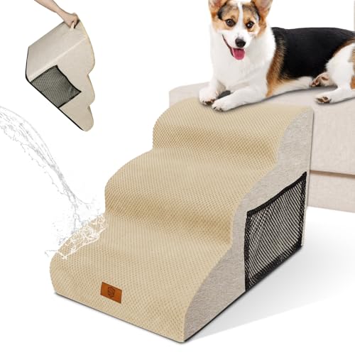 Zvonema Hundetreppe für Kleine Hunde, wasserdichte Hundetreppe, Verletzungsprophylaxe Hochwertige Schwamm Katzentreppe, rutschfeste Waschbarer Hunderampe für Sofa Bett, Beige von Zvonema