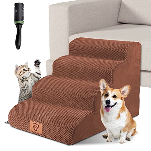 Zvonema Hundetreppe mit 4 Stufen, Treppe für Haustiere, Hundetreppe mit waschbarem & wasserdichtem Bezug, Katzentreppe für Sofa, Bett, rutschfest, Braun von Zvonema