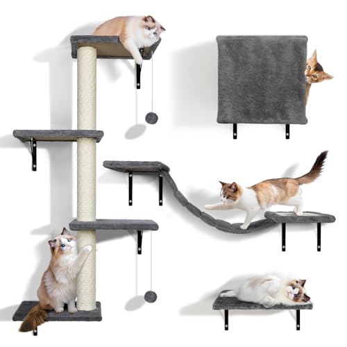 Zvonema Kletterwand Katzen, Katzen wandelemente, Kletterwand Set 10-teilig, mit Hängebrücke mit Rutschfestem,Stabiler Kratzsäulen mit Sisal,Ruhe und Spielwandregal mit Spurenkugel, bis 10 kg von Zvonema