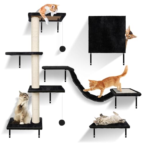 Zvonema Kletterwand Katzen, Katzen Wandelemente 10-teilig, Stabiler Holz Katzenwand, Bequem Plüsch Katzenmöbel, Kratzbaum Wand mit Katzenhaus, Brücke, Treppe, Kratzbrett, Katzenliege & Hängeball von Zvonema