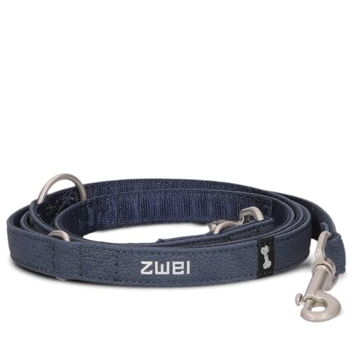 Hundeleine Leo LE20 für kleine bis mittelgroße Hunde bis 50 kg zugfest, 2m Lange Multifunktionsleine wetterfest, 3-Fach Größen verstellbare Leine, schöne pulverbeschichtete Karabiner (Nubuk-Blue) von Zwei