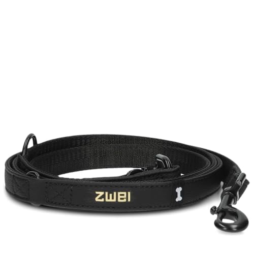 Hundeleine Leo LE20 für kleine bis mittelgroße Hunde bis 50 kg zugfest, 2m Lange Multifunktionsleine wetterfest, 3-Fach Größen verstellbare Leine, schöne pulverbeschichtete Karabiner (Nubuk-Black) von Zwei
