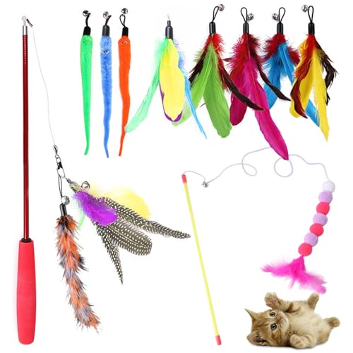 Zyluniy Katzenspielzeug Katze Toys 12 Stück Interaktives Katzenspielzeug Feder mit Versenkbare Katzenangel und Feder Spielzeug mit Glocken, Cat Toys für Kätzchen oder Katze, Zufällige Farbe Federn von Zyluniy