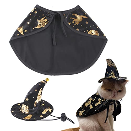 Katzen-Zauberer-Kostüm Halloween-Hexenumhang Haustier-Umhang Halloween-Kostüm für Haustiere Halloween-Katzen-Haustier-Zauberer-Kostüm für Cosplay Halloween-Vorabend-Party-Golddruck-Design von a-r