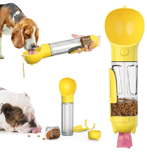 Tragbare Haustier-Wasserflasche, Lebensmittelbehälter, Reise-Getränke-Futterbecher, Lebensmittelspender mit Kotschaufel, 17 Kotbeutel, für Hunde, Haustiere, Spaziergänge, Wandern (Gelb, 300 ml) von acdiac