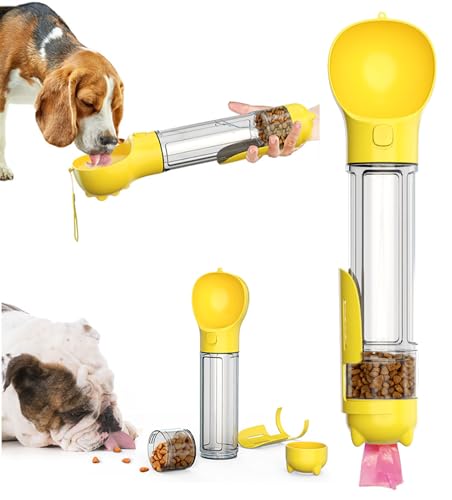 Tragbare Haustier-Wasserflasche, Lebensmittelbehälter, Reise-Getränke-Futterbecher, Lebensmittelspender mit Kotschaufel, 17 Kotbeutel, für Hunde, Haustiere, Spaziergänge, Wandern (Gelb, 500 ml) von acdiac
