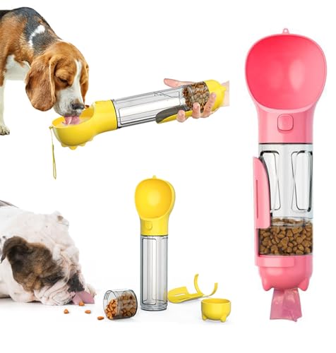 Tragbare Haustier-Wasserflasche, Lebensmittelbehälter, Reise-Getränke-Futterbecher, Lebensmittelspender mit Kotschaufel, 17 Kotbeutel, für Hunde, Haustiere, Spaziergänge, Wandern (Rosa, 300 ml) von acdiac