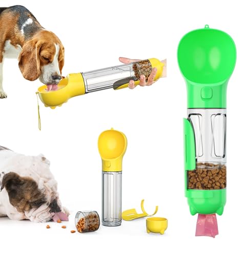 Tragbare Haustier-Wasserflasche, Lebensmittelbehälter, Reise-Getränke-Futterbecher, Lebensmittelspender mit Kotschaufel, 17 Kotbeutel, für Hunde, Haustiere, Spaziergänge, Wandern (grün, 300 ml) von acdiac