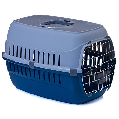 adena Transportbox für Hund Katze mit Metalltür und Napf 58x35x37cm bis 8 kg blau von adena
