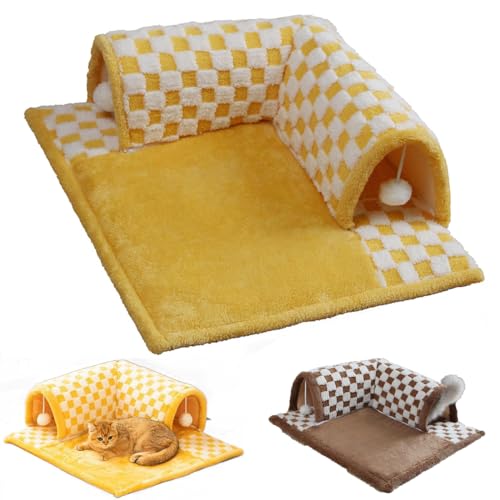 2-in-1 Funny Plush Plaid Checkered Cat Tunnel Bed,2-in-1 Funny Plush Plaid Cat Tunnel Cat Bed,Cat Tunnel Cat Bed for All Seasons,Cat Tunnels for Indoor Cats (Yellow,M) von adnoon