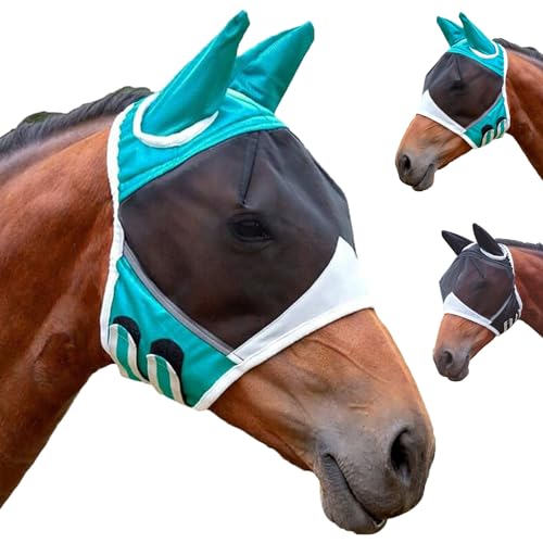 Fliegenmaske Pferd uv Schutz, Feinmaschige Fliegenmaske,Fliegenmasken für Pferde mit Ohren, Atmungsaktive Pferdemaske Anti Moskito für Pferd L von aghoer