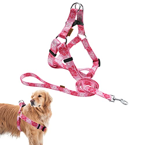 Aiminto Hundegeschirr und Leine, Set, niedliche Blumenmuster, weiches und verstellbares Geschirr, Step In, Anti-Choke — perfekt zum Spazierengehen (Hawaiian Pink, L (Brustumfang 55,9–86,4 cm)) von aiminto