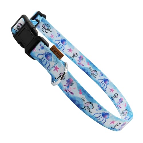 Aiminto Hundehalsband, niedliche Quallen im Ozean-Muster, weiches und verstellbares Halsband mit Schnellverschluss-Schnalle (L (Hals 40-70 cm, Breite 2.5cm), Ozean Blau) von aiminto