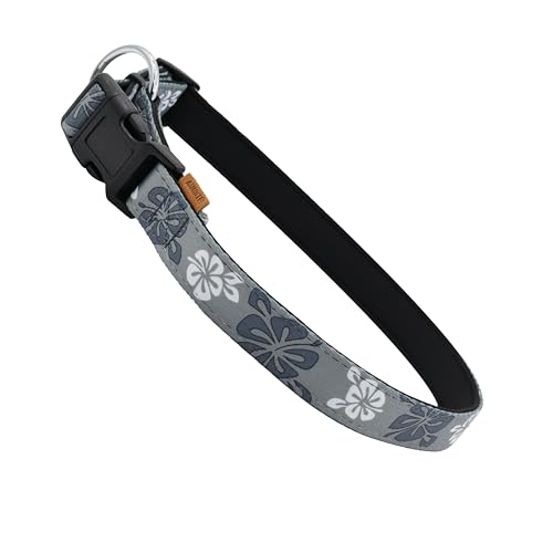 Aiminto Hundehalsband, niedliches Blumenmuster, Neopren, gepolstertes und verstellbares Halsband mit Schnellverschluss-Schnalle, Verstärkte Struktur (L (46-70 cm x 2.5 cm), Hawaii-Grau) von aiminto