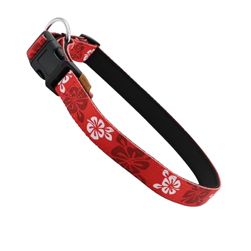 Aiminto Hundehalsband, niedliches Blumenmuster, Neopren, gepolstertes und verstellbares Halsband mit Schnellverschluss-Schnalle, Verstärkte Struktur (L (46-70 cm x 2.5 cm), Hawaii-Rot) von aiminto
