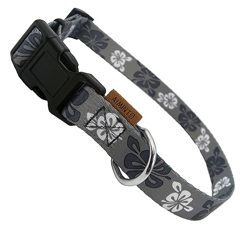 Aiminto Hundehalsband, niedliches Blumenmuster, weiches und verstellbares Halsband mit Schnellverschluss-Schnalle (L (Hals 40-70 cm, Breite 2.5cm), Hawaii-Grau) von aiminto