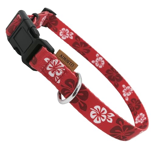 Aiminto Hundehalsband, niedliches Blumenmuster, weiches und verstellbares Halsband mit Schnellverschluss-Schnalle (L (Hals 40-70 cm, Breite 2.5cm), Hawaii-Rot) von aiminto