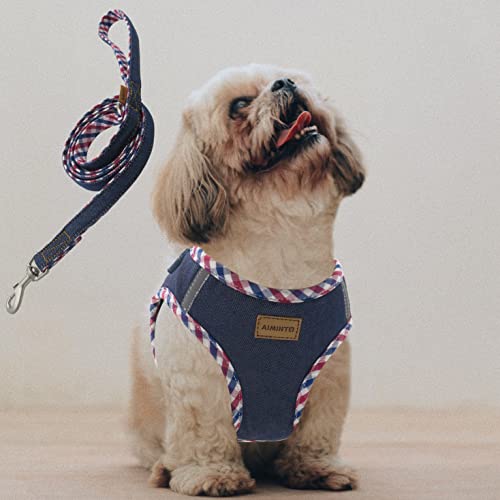 Aiminto Premium Denim-Hundegeschirr und Leine, zum Einsteigen, atmungsaktives Netz, leicht, reflektierendes Westengeschirr – für kleine Hunde (Dunkelblau, S) von aiminto