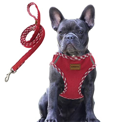 Aiminto Premium Denim-Hundegeschirr und Leine, zum Einsteigen, atmungsaktives Netz, leicht, reflektierendes Westengeschirr – für mittelgroße Hunde (Rot, M) von aiminto