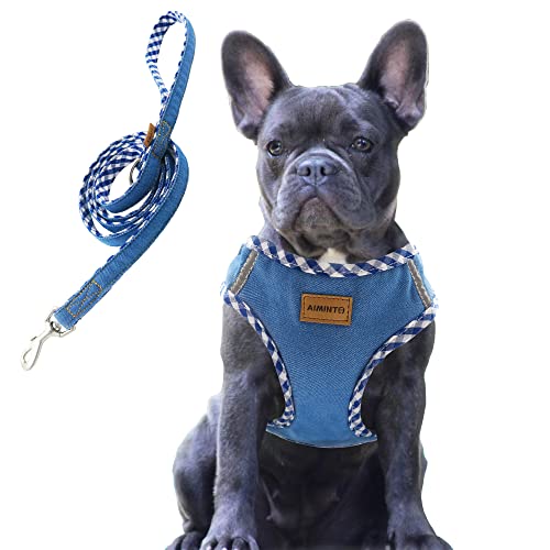 Aiminto Premium Denim Hundegeschirr und Leine Set, Step In, atmungsaktives Mesh, leicht, reflektierende Weste Geschirr - für mittelgroße Hunde (Babyblau, M) von aiminto