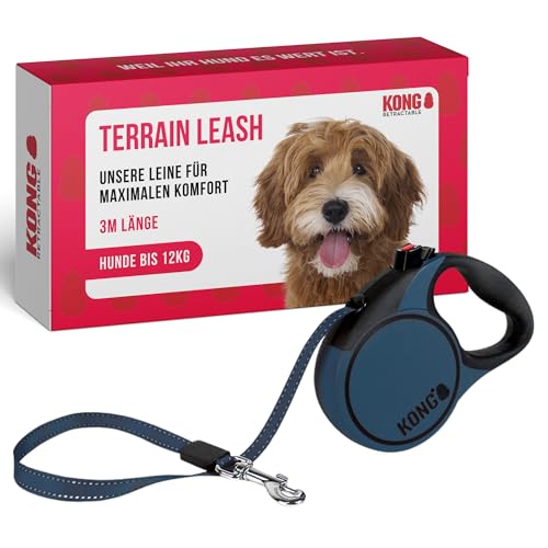 KONG ausrollbare Hundeleine in 3m Länge I Für sehr kleine Hunde bis 12kg I Größe XS I Hochwertige Rollleine mit Break & Lock System in blau I komfortable Leine mit Softgriff & reflektierendem Gurt von alcott