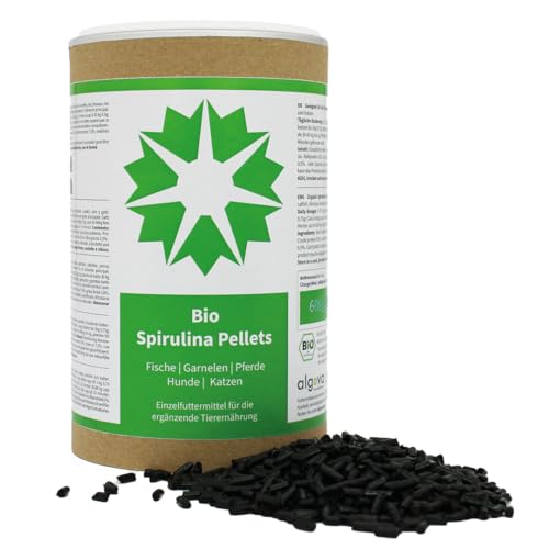algova Bio Spirulina Pellets Natur-Futter für Zierfische Meerwasser und Süßwasser, Garnelen, Welse, Koi, Pferde, Hunde, Katzen Hoher Carotinoid, Vitamin & Mineralstoff-Gehalt Barf (4mm, 600g) von algova