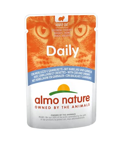 Almo Nature Daily Nassfutter für Erwachsene Katzen mit Kabeljau und Garnelen - Beutel 70 g. von almo nature