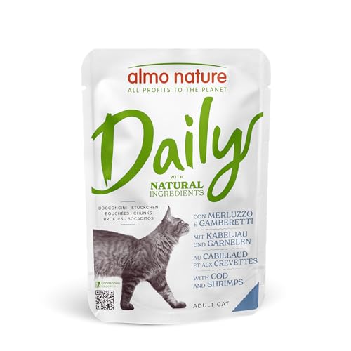 Almo Nature Daily Nassfutter für Erwachsene Katzen mit Kabeljau und Garnelen - Beutel 70 g. von almo nature