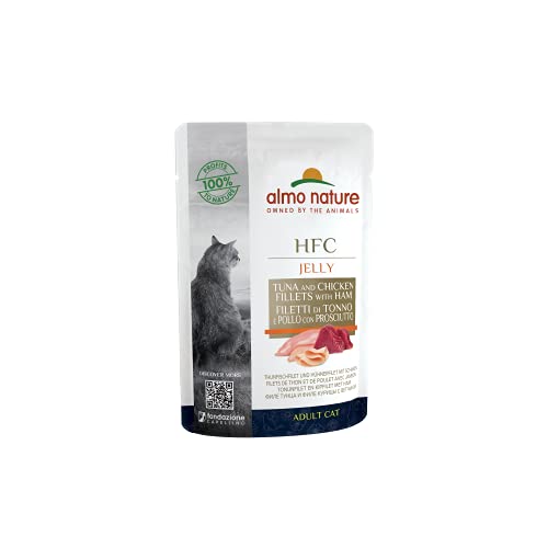 Almo Nature HFC Jelly Nassfutter für Erwachsene Katzen Thunfischfilet und Hühnerfilet mit Schinken - Beutel 55 g. von almo nature