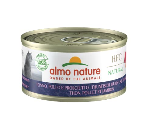 Almo Nature HFC Natural Nassfutter für Erwachsene Katzen Thunfisch, Huhn und schinken - Dose 24x 70 g. von almo nature