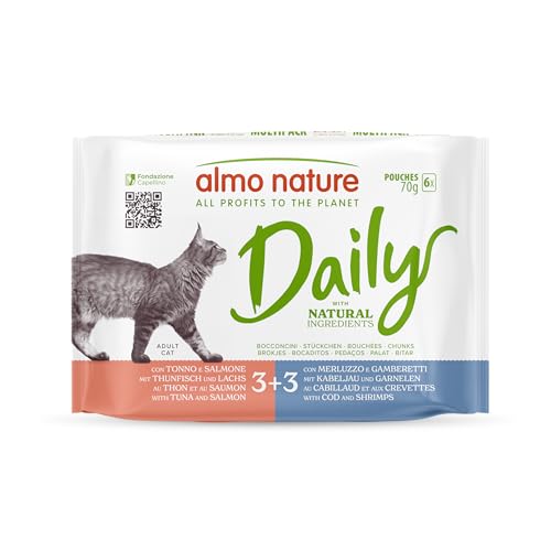 Almo Nature Daily Komplettes Nassfutter für Erwachsene Katzen - mit Thunfisch und Lachs - mit Kabeljau und Garnelen - Leckerbissen - 6 Beutel à 70 g von almo nature