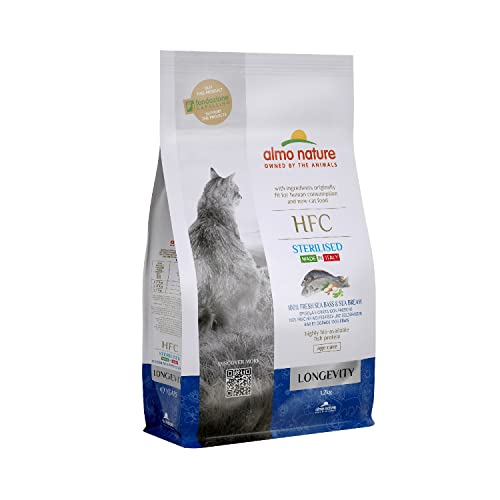 Almo Nature HFC Longevity Sterilisiertes Seebarsch und Seebrassen Komplett-Trockenfutter für Senioren, Neuteured Katzen mit 100% HFC Frischebarsch und Meeresbrassen - 1,2 kg Sack von almo nature