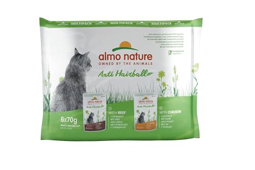 almo nature Multipack Holistic Anti Hairball 3 x Mit Rind - 3 x Mit Huhn. Alleinfutter für Erwachsene Katzen,Nassfutter 6er Pack (6x70g) von almo nature