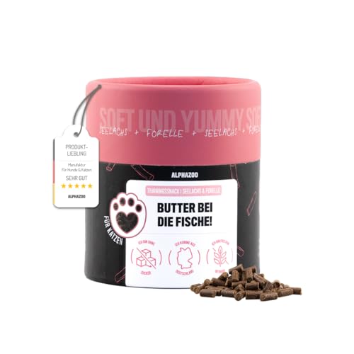 alphazoo Butter Bei Die Fische! 65g I Softe Leckerli Sticks Forelle + Lachs für Katzen I Extra fischig, Getreidefrei, Zuckerfrei I Natürliche Katzensnacks I Gesunde Katzenleckerlies zur Belohnung von alphazoo