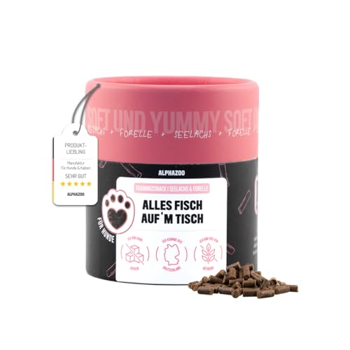 alphazoo Alles Fisch Auf'm Tisch 65g I Softe Leckerli Forelle + Lachs für Hunde I Hoher Fleischanteil, Getreidefrei, Zuckerfrei I Natürliche Hundeleckerlies I Gesunde Leckerlies für Training I Lecker von alphazoo