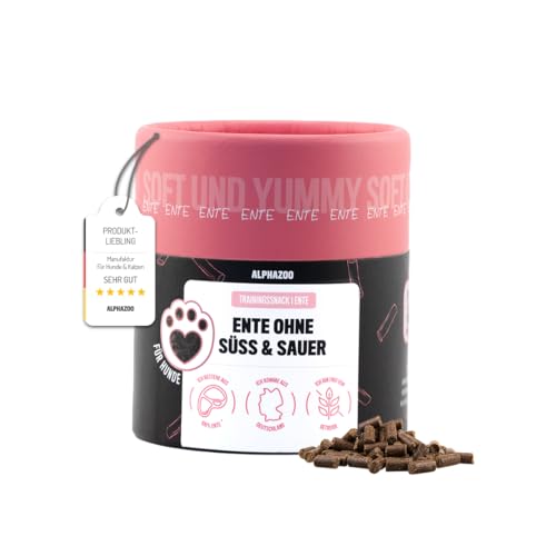 alphazoo Ente Ohne Süß & Sauer 65g I Softe Leckerli für Hunde I Hoher Fleischanteil, Getreidefrei, Zuckerfrei I Natürliche Hundeleckerlies I Gesunde Leckerlies für Training & Belohnung I Hunde-Snacks von alphazoo