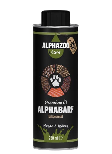 alphazoo Premium Barf-Öl für Hunde & Katzen 250 ml I Natürliches Futteröl I Lachsöl, Hanföl mit Omega 3-6-9 Fettsäuren I Glänzendes Fell, gesunde Haut von alphazoo