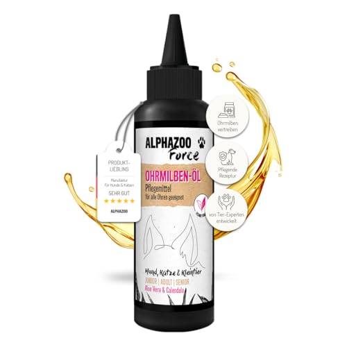 alphazoo Anti Ohrenmilben Öl für Hunde & Katzen 100 ml I Sofortwirkung I Ohrentropfen gegen Milben im Ohr & Ohrräude I Sanfte, natürliche Ohrenpflege von alphazoo