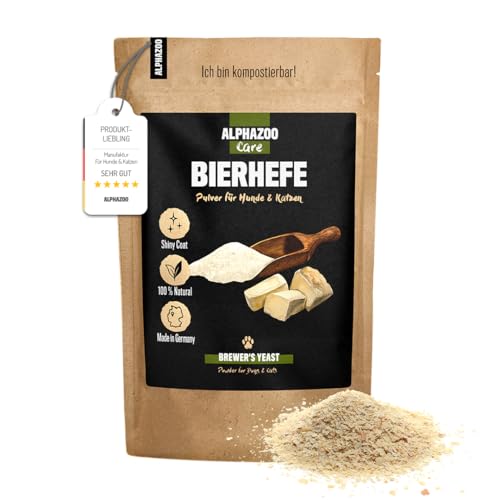 alphazoo Bierhefe Hund & Katzen Pulver 250g I Natürlicher Vitamin B Komplex gegen Haarausfall & Juckreiz I Biotin Fellpflege bei Schuppen, trockene Haut I Reine Bierhefeflocken mit B-Vitaminen von alphazoo