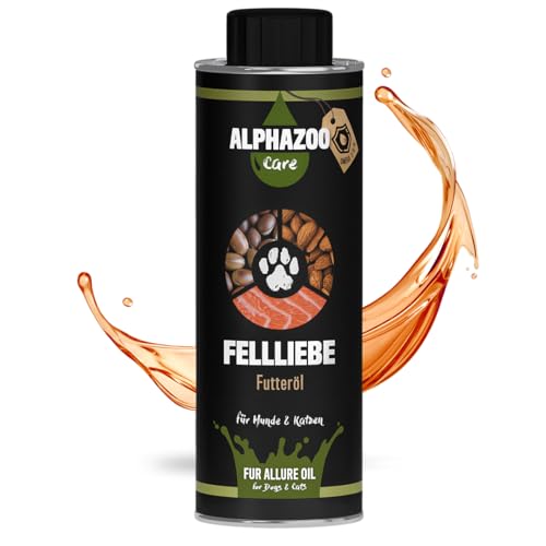 alphazoo Fellliebe Natur-Futteröl 250ml, Fellpflege für Hunde Katzen Pferde, Omega-3 Omega-6 Fellglanz, Natürlich gegen Juckreiz & Schuppen, mit Lachsöl, Mandelöl & Arganöl, Barf-Öl Mischung, Fischöl von alphazoo