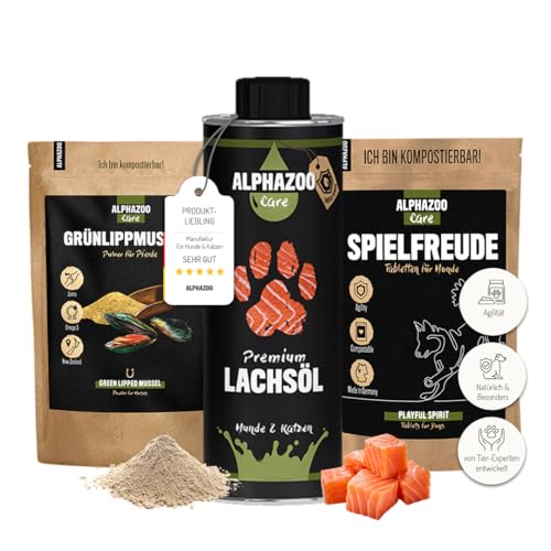 alphazoo Gelenk Kombi für Hunde I Grünlippmuschel-Pulver bei Arthrose & Gelenkschmerzen I Omega-3 Lachsöl & Tabletten für Agility & Bewegung I Hüfte, Gelenke & Knochen von alphazoo