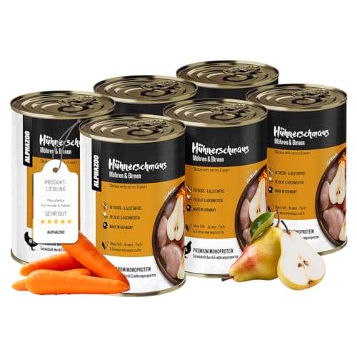 alphazoo Hühnerschmaus 6 x 400g für Hunde, Monoprotein getreidefrei, Hundefutter Nass, Nassfutter Huhn mit Karotte & Birne, Ohne Getreide von alphazoo