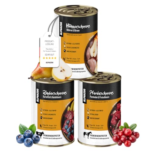 alphazoo Hundefutter nass Mixpaket M 3 x 400 g I Premium Nassfutter für Hunde I Getreidefrei & mit hohem Fleischanteil I Schmaus Adult ohne Getreide und Zucker I Ausgewachsene Hunde & Welpen alphazoo Hundefutter nass Mixpaket M 3 x 400 g I Premium Nassfutter für Hunde I Getreidefrei & mit hohem Fleischanteil I Schmaus Adult ohne Getreide und Zucker I Ausgewachsene Hunde & Welpen von alphazoo