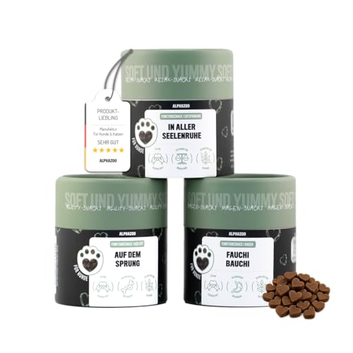 alphazoo Hundeleckerli Funktion Probierpaket 3 x 60 g I Extra softe Leckerli I Seelenruhe, Gelenke & Magen-Darm I Beruhigung, Bewegung & Verdauung I Für Training & als Snack I Funktionale Leckerlies von alphazoo