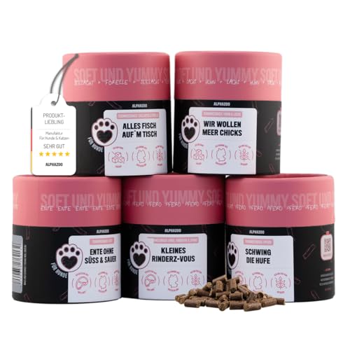 alphazoo Hundeleckerli Training Probierpaket 5 x 65 g I Extra softe Leckerli I Getreidefrei, klein & zuckerfrei I Für Training oder als Snack I Fleischige Leckerlies für alle Hunde I Trainingsleckerli von alphazoo