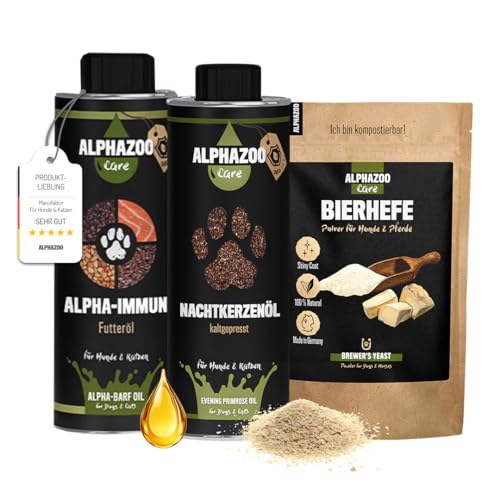 alphazoo Immunsystem Kombi für Hunde & Katzen I Nachtkerzenöl, Bierhefe-Pulver & Alpha-Immun Öl I Immun-System stärken & aufbauen I Vitamin-B Komplex bei Fieber & Husten I Starke Immunabwehr alphazoo Immunsystem Kombi für Hunde & Katzen I Nachtkerzenöl, Bierhefe-Pulver & Alpha-Immun Öl I Immun-System stärken & aufbauen I Vitamin-B Komplex bei Fieber & Husten I Starke Immunabwehr von alphazoo