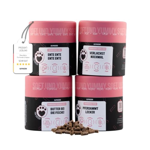 alphazoo Katzensnack Probierpaket 4 x 65 g I Extra softe Katzenleckerlis I Getreidefrei, klein & zuckerfrei I Als Snack & Belohnung I Leckerlies für alle Katzen I Leckerchen mit viel Fleisch von alphazoo