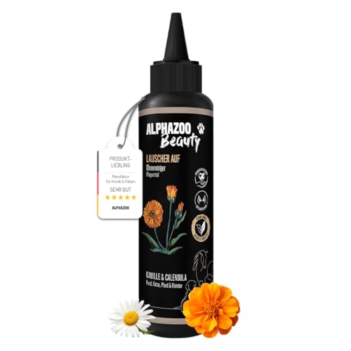 alphazoo Ohrenreiniger Hund & Katze Lauscher-Auf 200 ml I Natürliche Ohrentropfen gegen Entzündung, Milben, Pilz & Juckreiz I Sanfter Hundeohr Reiniger für Ohrenschmalz entfernen I Starker Ohrreiniger von alphazoo