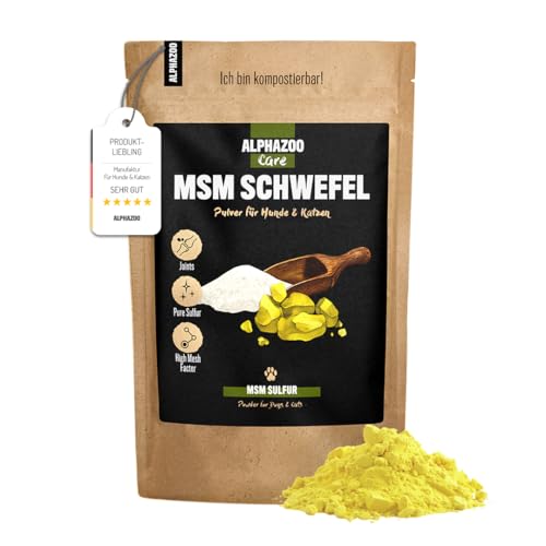 alphazoo MSM Schwefel-Pulver für Hunde, Katzen & Nagertiere 250g I Natürliches Gelenkpulver ohne Zusätze I Mesh-Faktor 40-80 I Sorgt für mehr Agilität von alphazoo