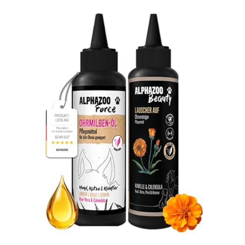 alphazoo Ohren Duo Hunde & Katzen I Ohrentropfen & Ohren-Reiniger I Ohrmilben, Juckreiz & Ohrenentzündungen I Milben, Ohrenschmalz & Dreck entfernen I Sanft & Effektiv von alphazoo